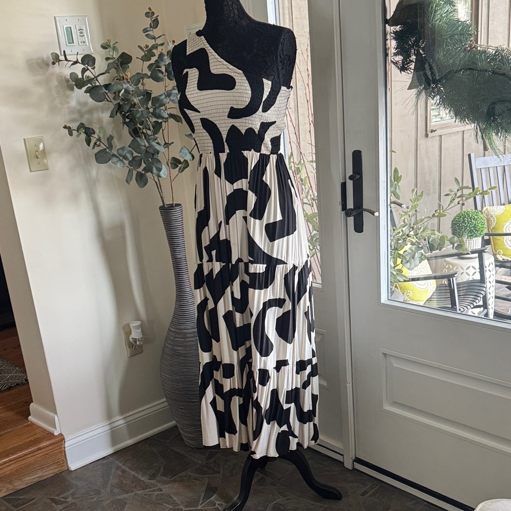 One Shoulder Black and Cream Patterned Dress